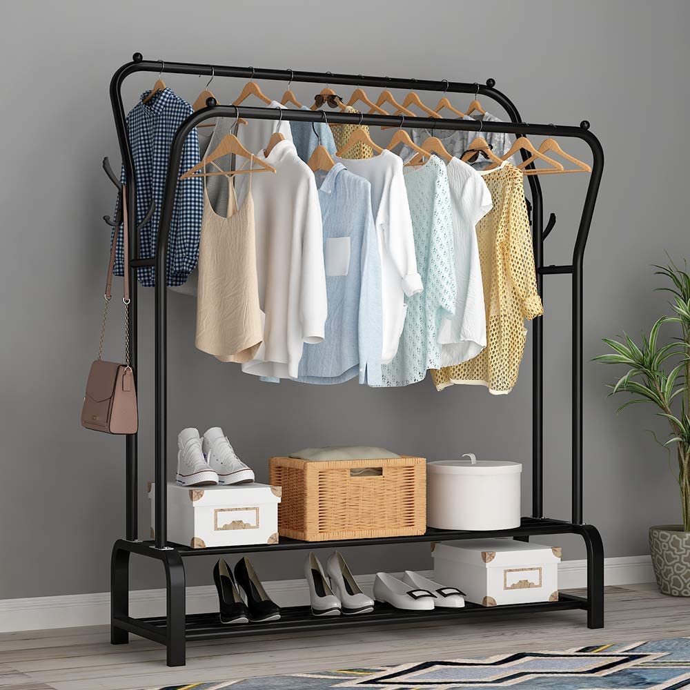 Garment Rack Freestanding Hanger Double Rods Multi-functional Bedroom Clothing Rack