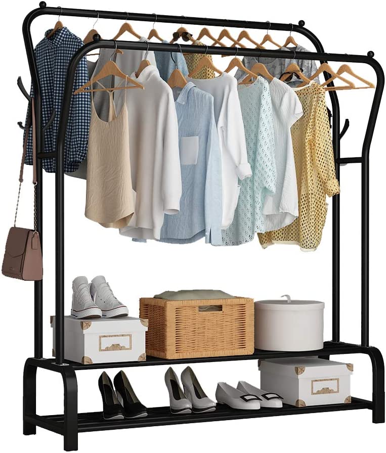 Garment Rack Freestanding Hanger Double Rods Multi-functional Bedroom Clothing Rack