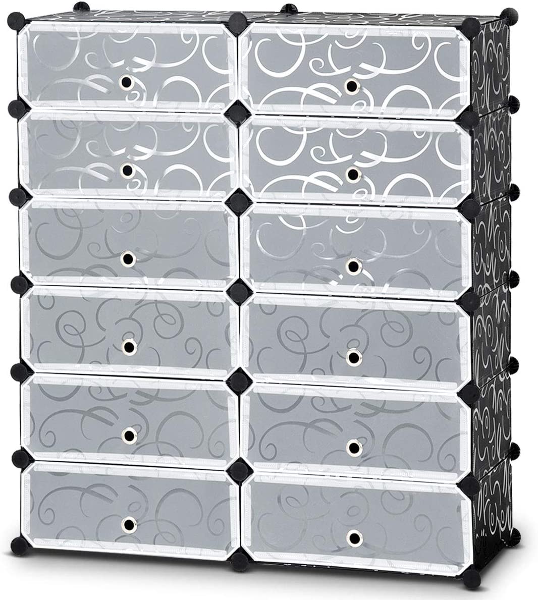 Shoe Rack 12-Cube DIY Plastic Cabinet with Doors 6-Tier Shelving Bookcase Storage Unit Closet