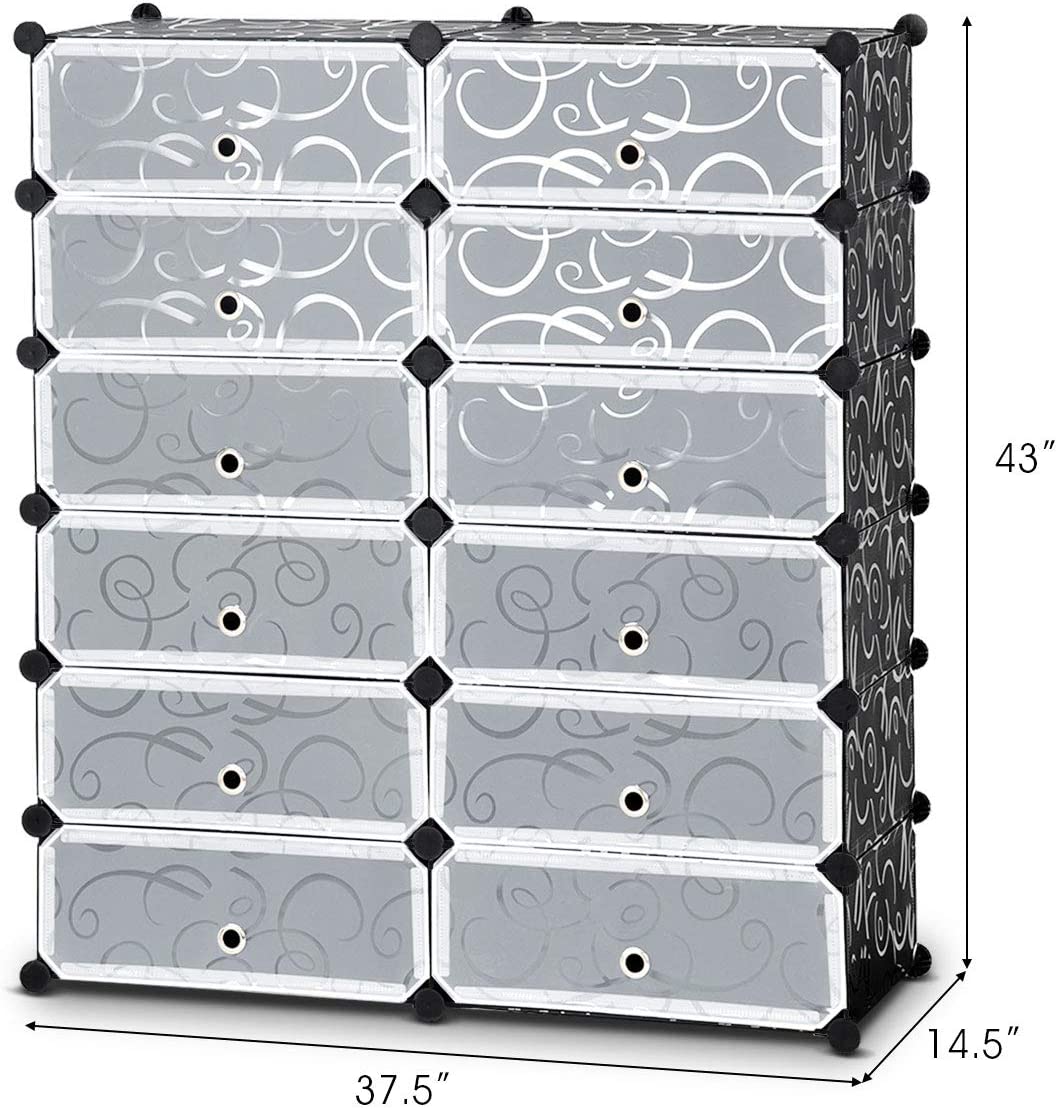 Shoe Rack 12-Cube DIY Plastic Cabinet with Doors 6-Tier Shelving Bookcase Storage Unit Closet