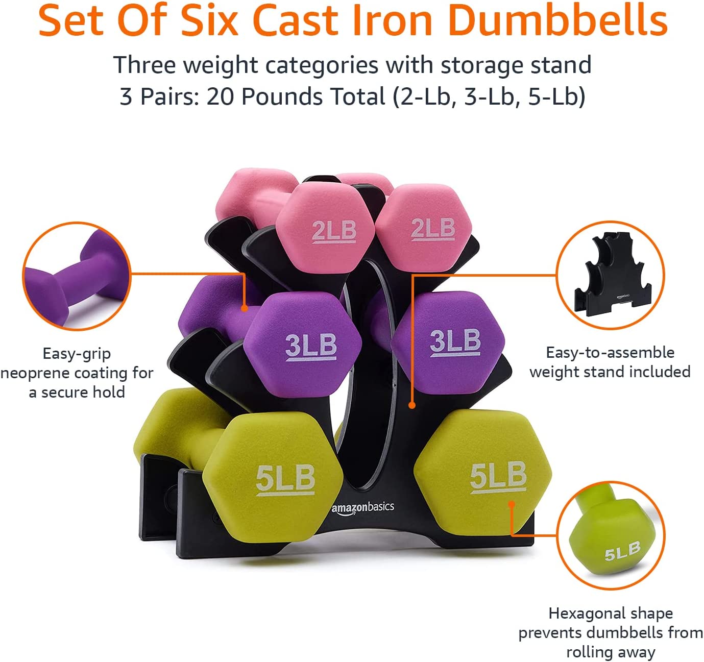 Dumbbell Weight Set Neoprene Coated Cast Iron with Stand