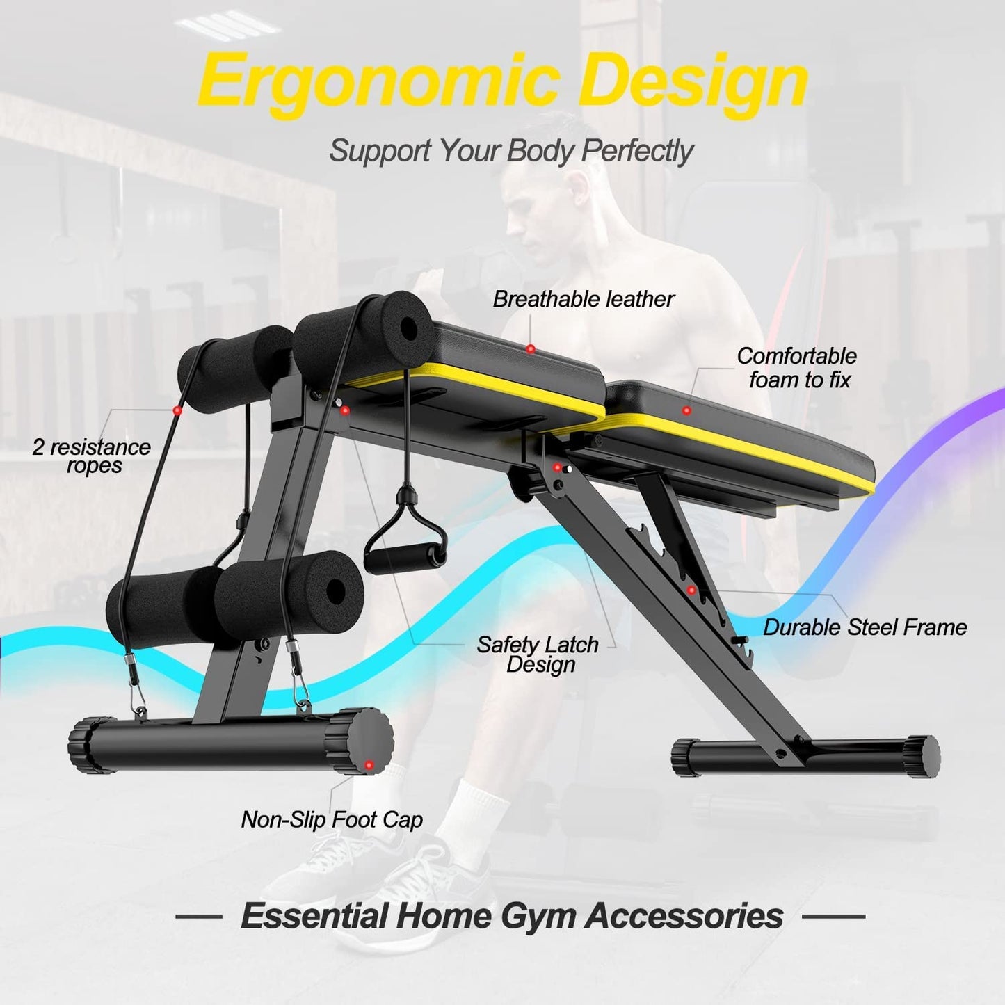 Weight Bench Foldable Strength Training Full Body Exercise w/ Resistance Bands for Home Gym