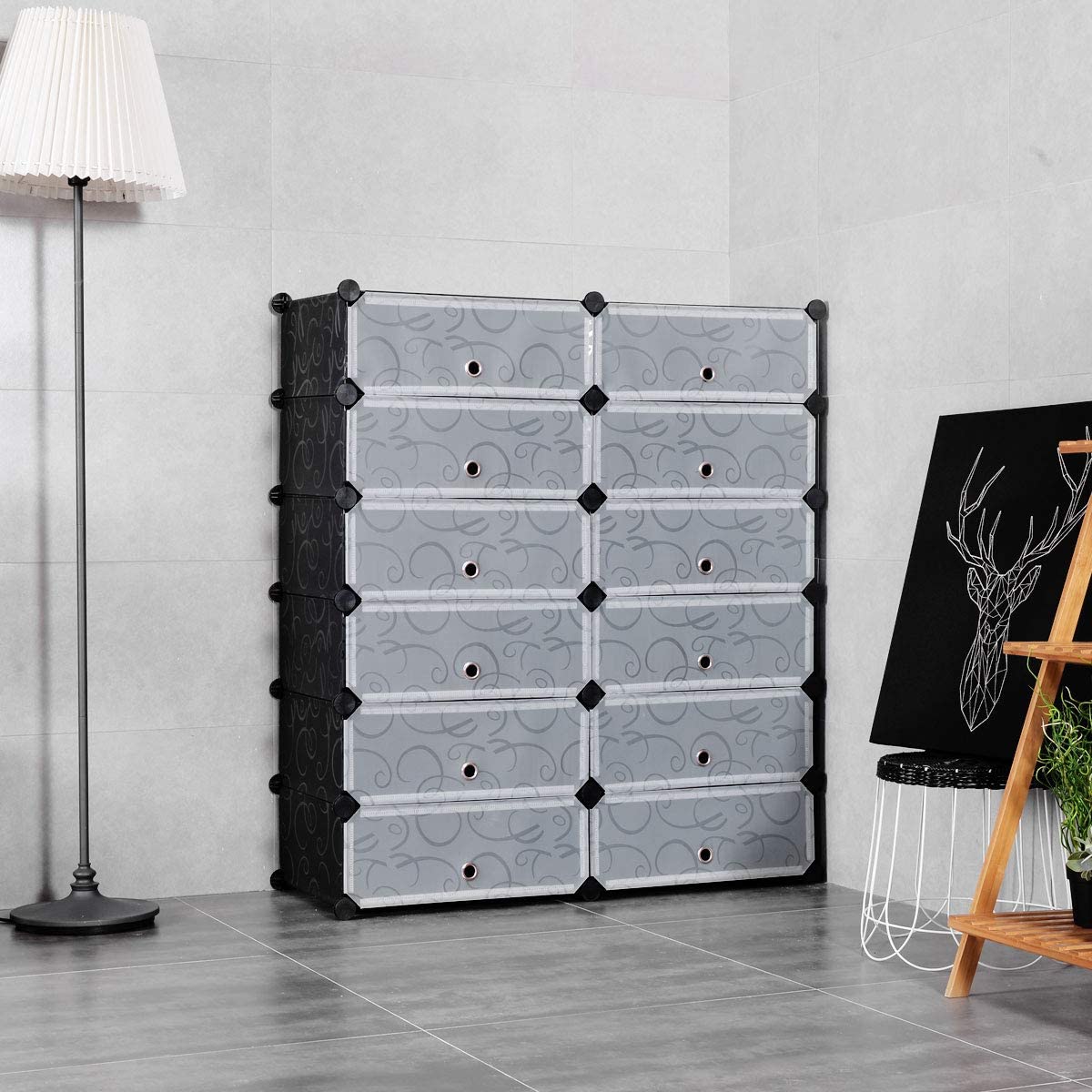 Shoe Rack 12-Cube DIY Plastic Cabinet with Doors 6-Tier Shelving Bookcase Storage Unit Closet