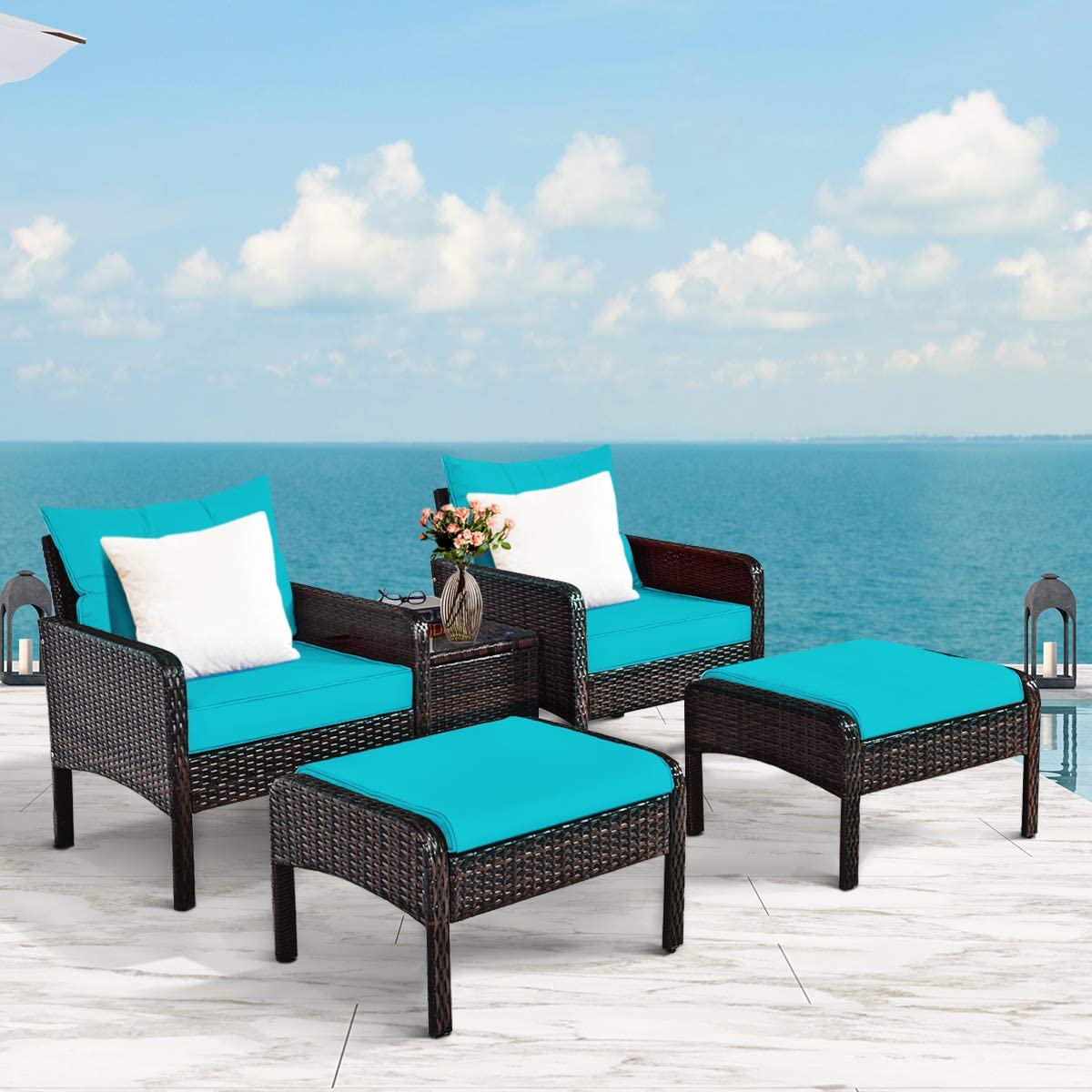 Outdoor Furniture 5 piece Set PE Rattan Wicker Patio All Weather Cushioned Sofas (Turquoise)