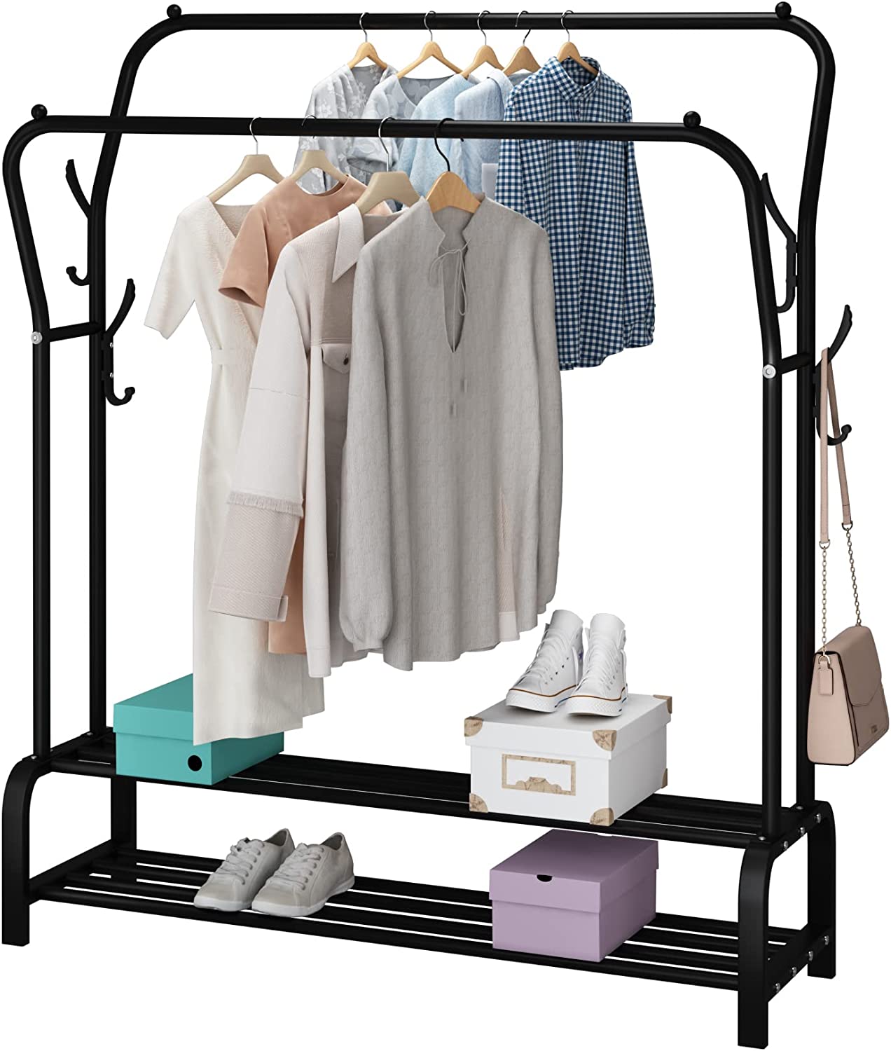 Garment Rack Freestanding Hanger Double Rods Multi-functional Bedroom Clothing Rack