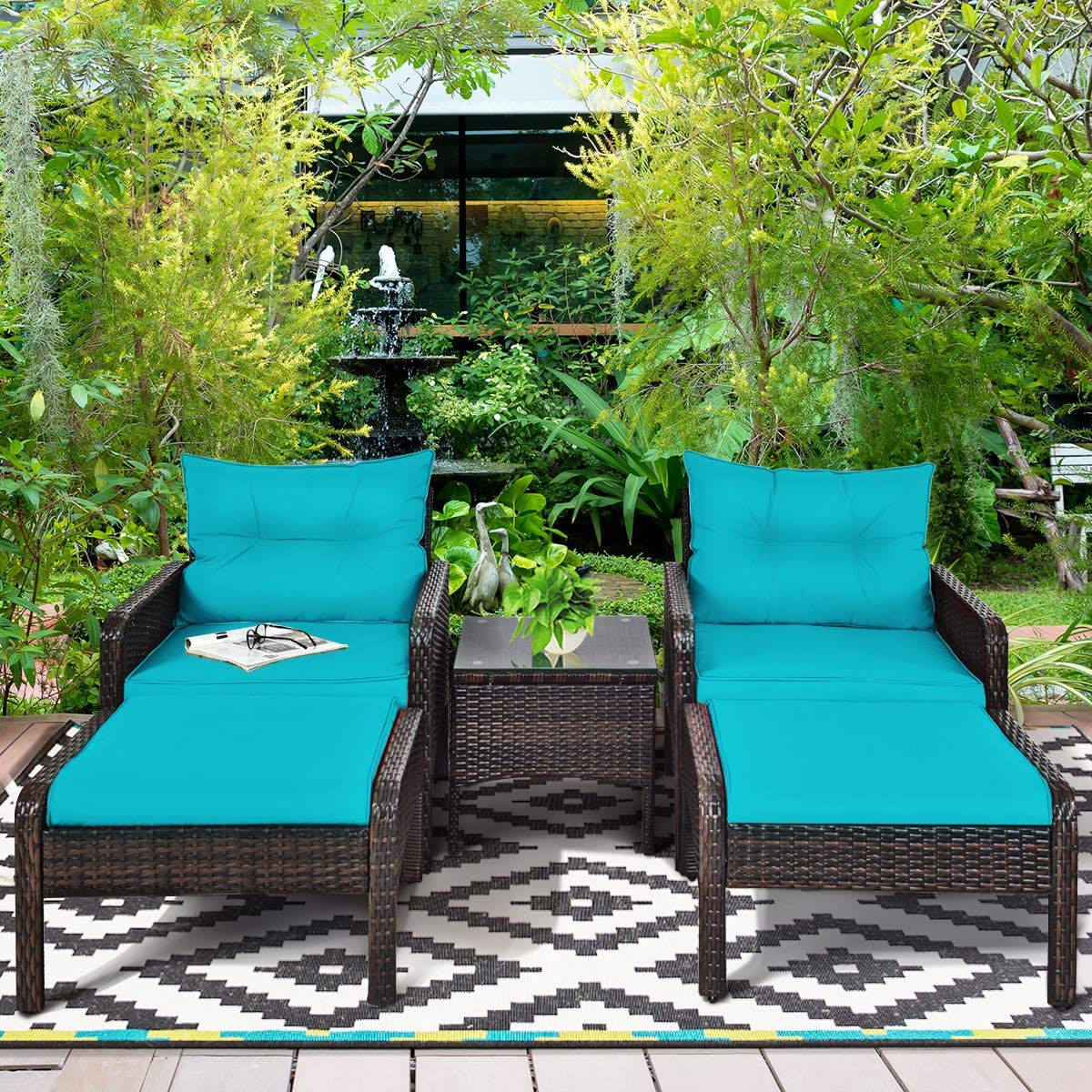 Outdoor Furniture 5 piece Set PE Rattan Wicker Patio All Weather Cushioned Sofas (Turquoise)
