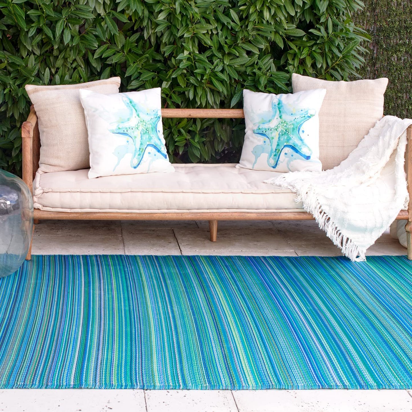 Striped Outdoor Rug Premium Recycled Plastic Cancun Turquoise Moss Green - 8x10 ft