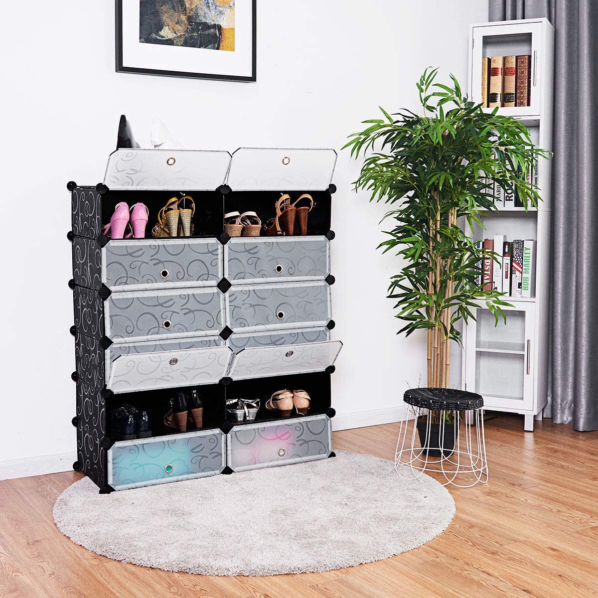 Shoe Rack 12-Cube DIY Plastic Cabinet with Doors 6-Tier Shelving Bookcase Storage Unit Closet