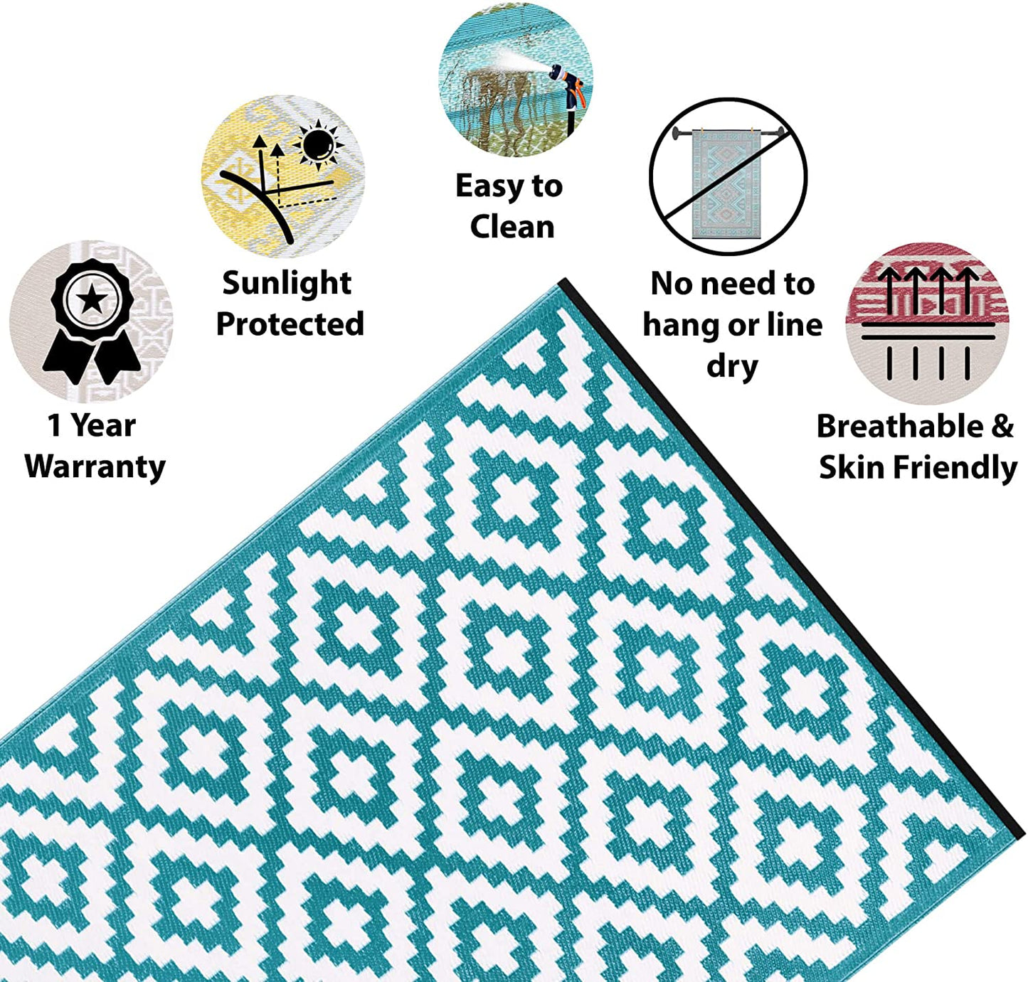 Reversible Outdoor Rug Modern Large Floor Carpets - Nirvana Teal Blue / White, 5 x 8 X ft