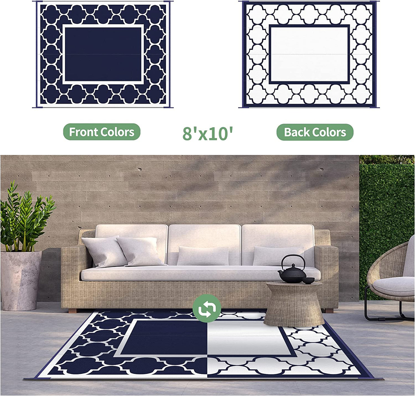 Outdoor Rug for Patio, Reversible Plastic Waterproof Rugs 8'x10'