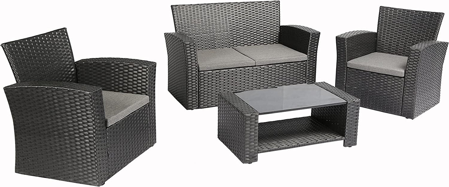 4 Pieces Outdoor Furniture Complete Patio Cushion Wicker PE Rattan Garden Set Black