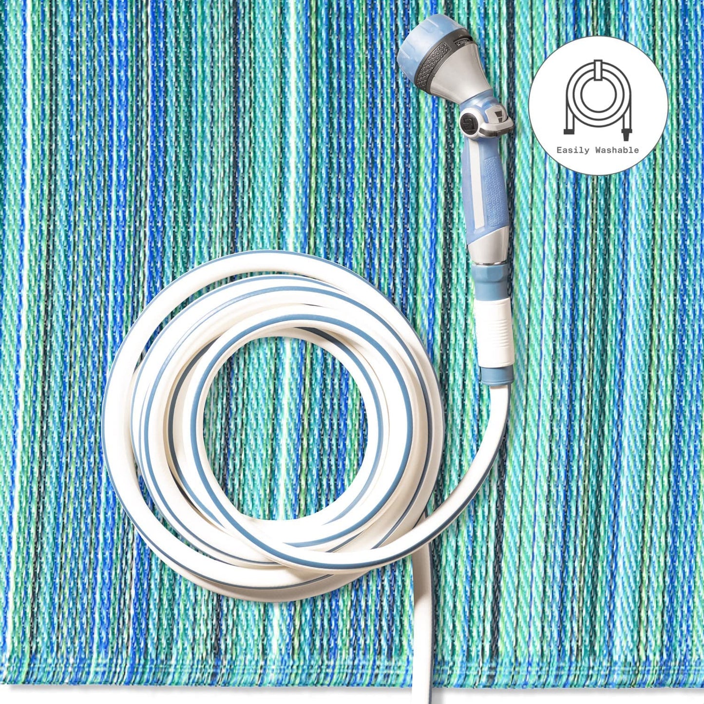 Striped Outdoor Rug Premium Recycled Plastic Cancun Turquoise Moss Green - 8x10 ft