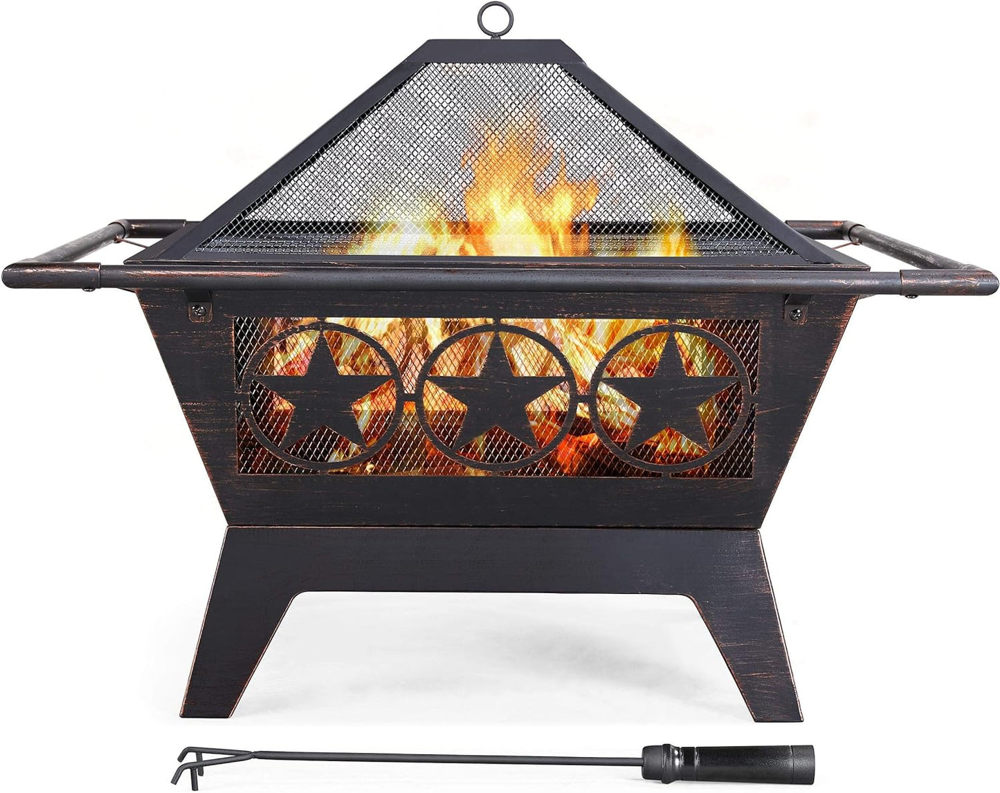 Iron Fire Pit Outdoor 32" Patio with Mesh Cover Grills Poker Square Fire Pit Bronze