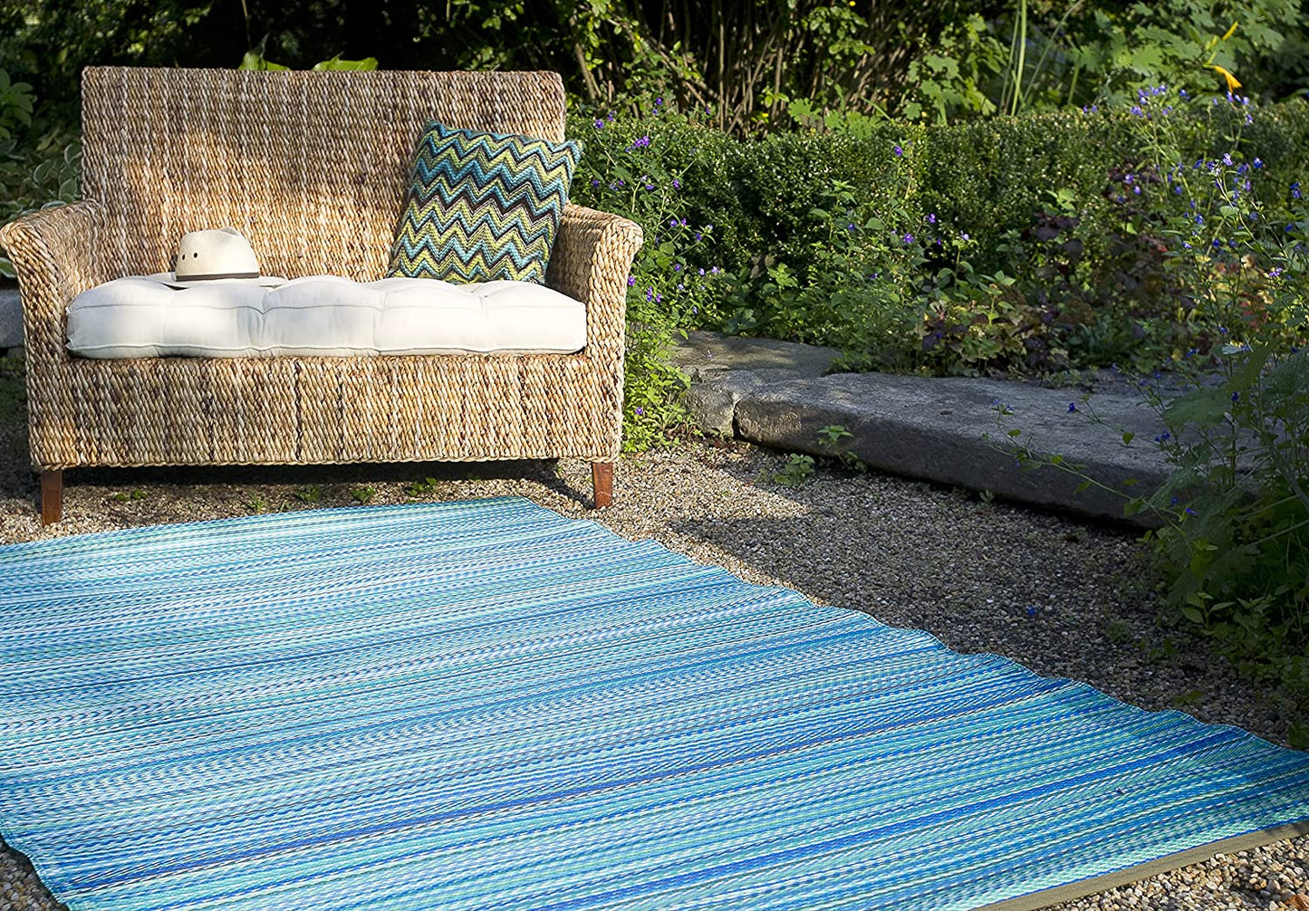 Striped Outdoor Rug Premium Recycled Plastic Cancun Turquoise Moss Green - 8x10 ft