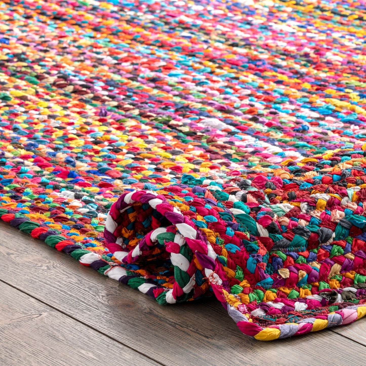 HAND MADE BOHEMIAN BRAIDED COTTON AREA RUG IN MULTI-COLOR CHINDI