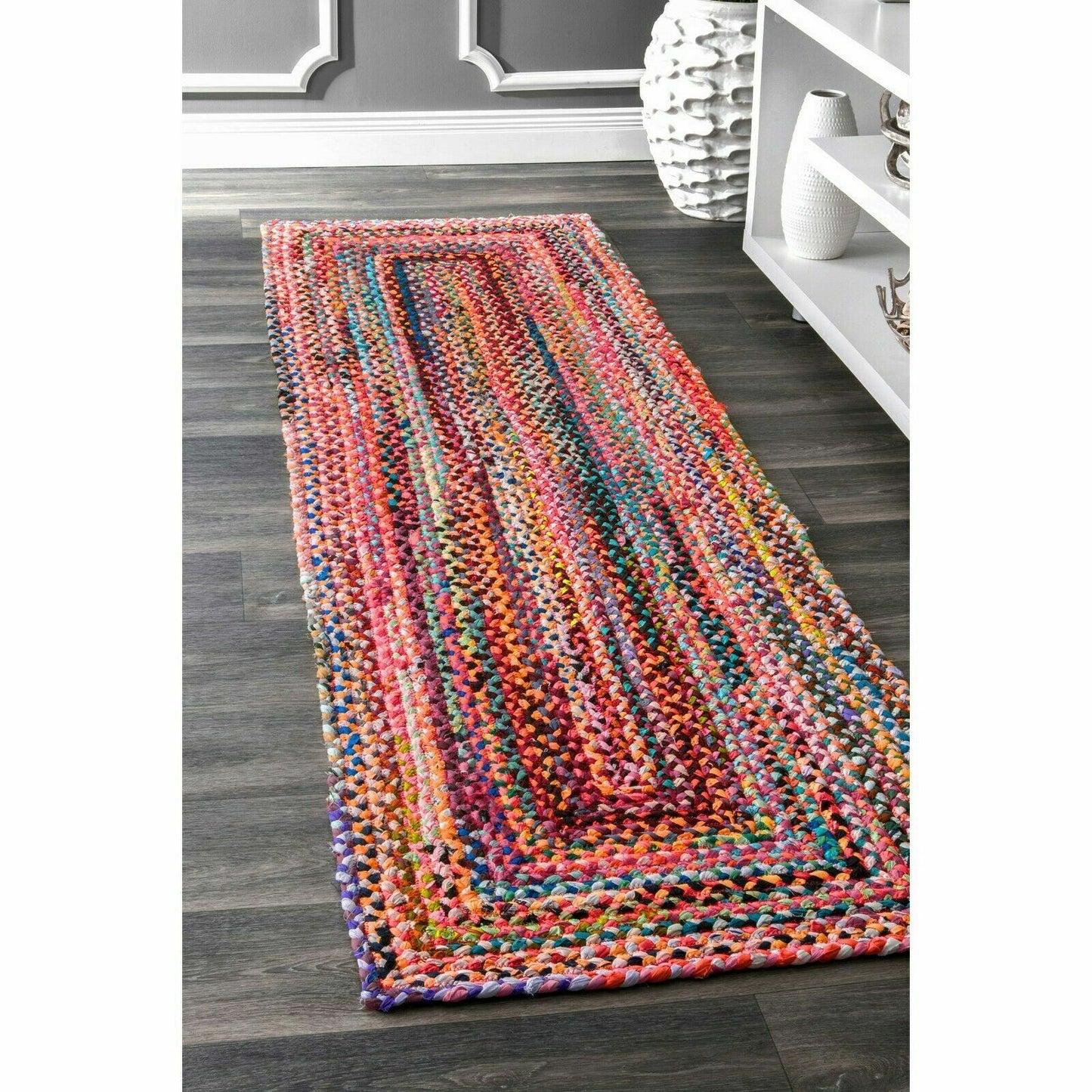 HAND MADE BOHEMIAN BRAIDED COTTON AREA RUG IN MULTI-COLOR CHINDI
