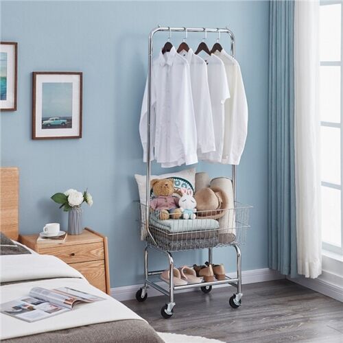 Rolling Laundry Cart On Wheels Organizer Storage Basket Pole Hanger Heavy Duty