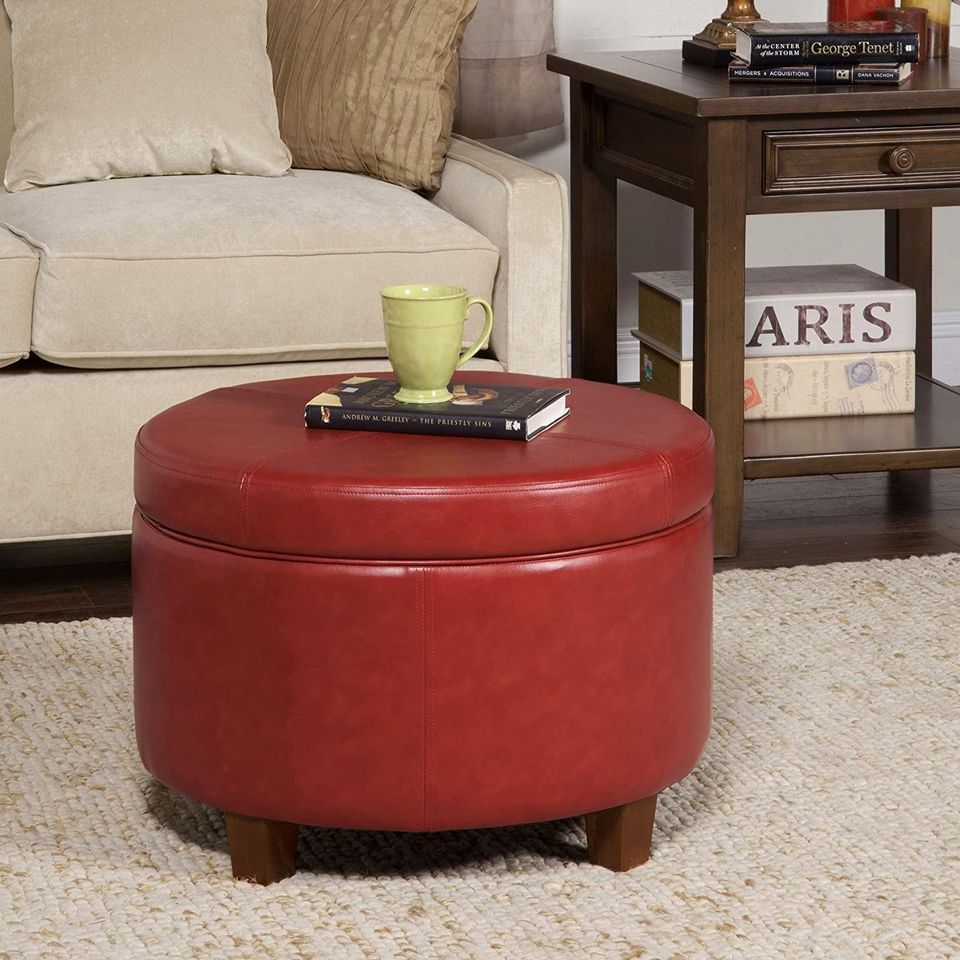 Round Leatherette Storage Ottoman with Lid, Cinnamon Red