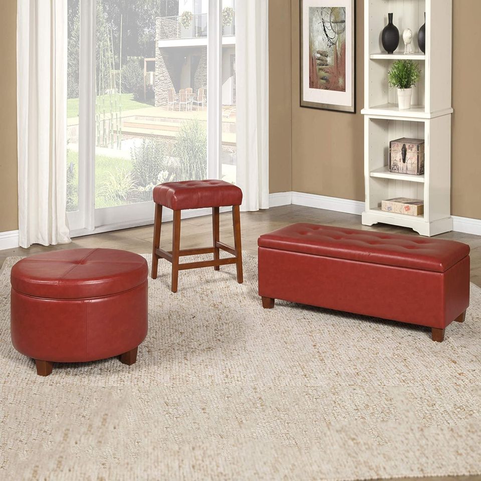 Round Leatherette Storage Ottoman with Lid, Cinnamon Red