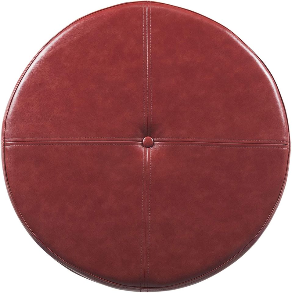 Round Leatherette Storage Ottoman with Lid, Cinnamon Red