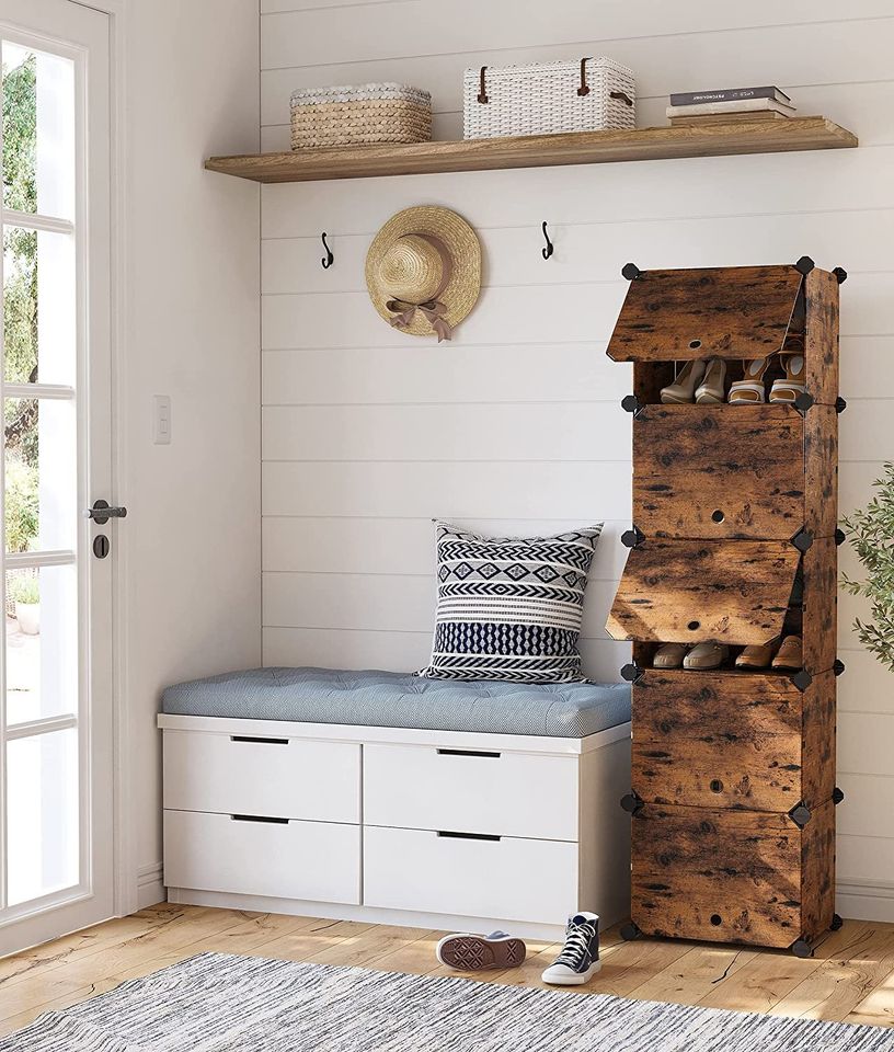 Shoe Rack with Plastic Panels, 10-Slot Storage Organizer Unit with Doors