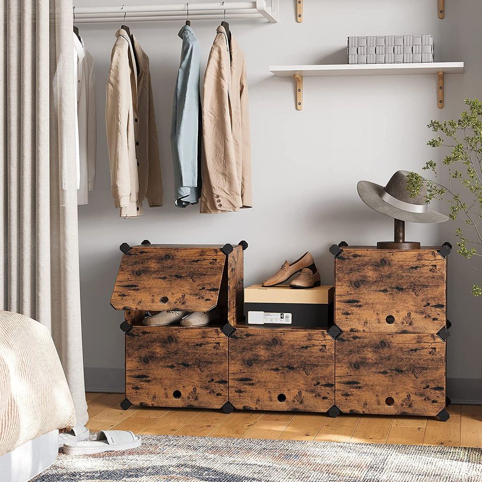 Shoe Rack with Plastic Panels, 10-Slot Storage Organizer Unit with Doors