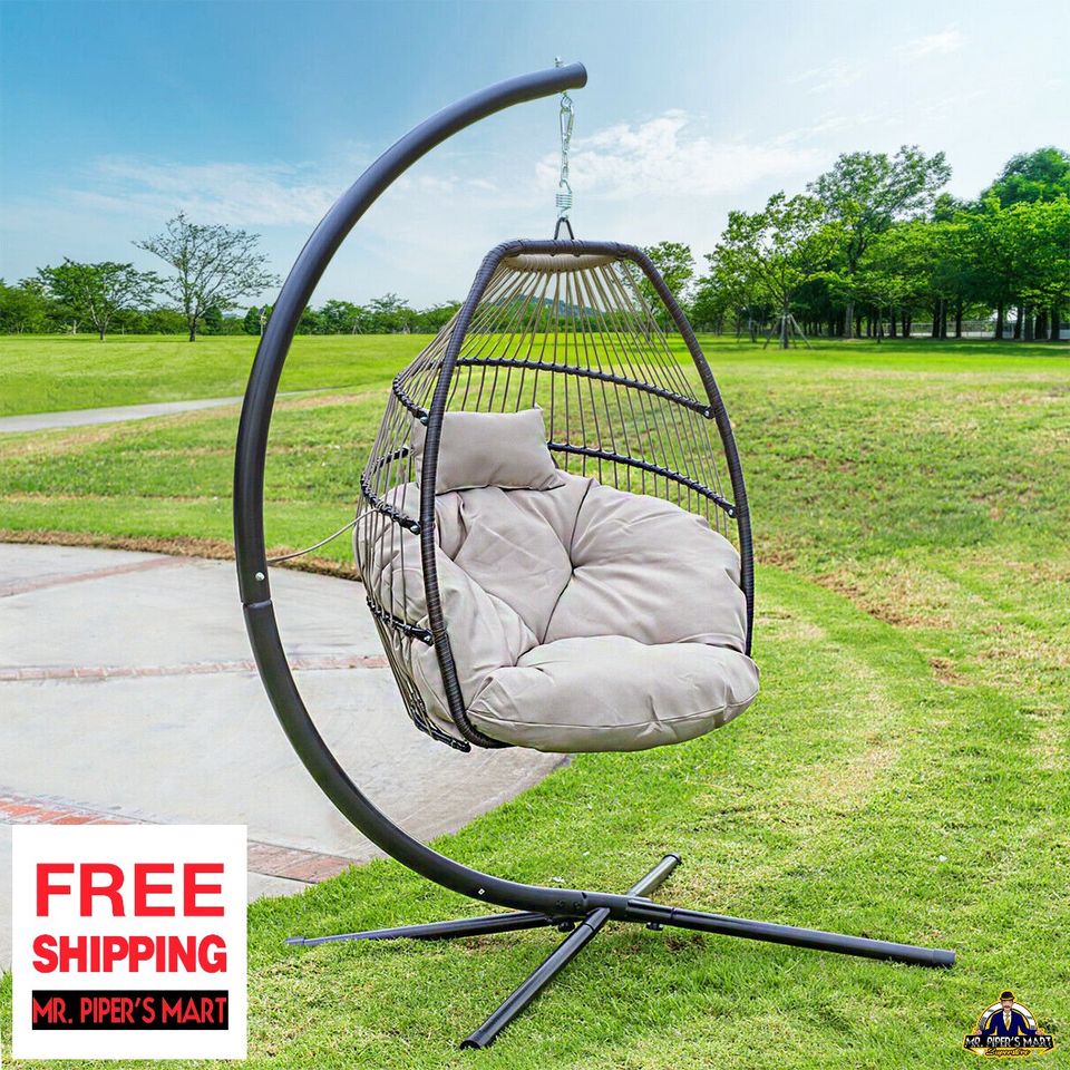 Outdoor Large Lounge Chair Patio Hanging Egg Seat Swing Cushion Headrest Beige