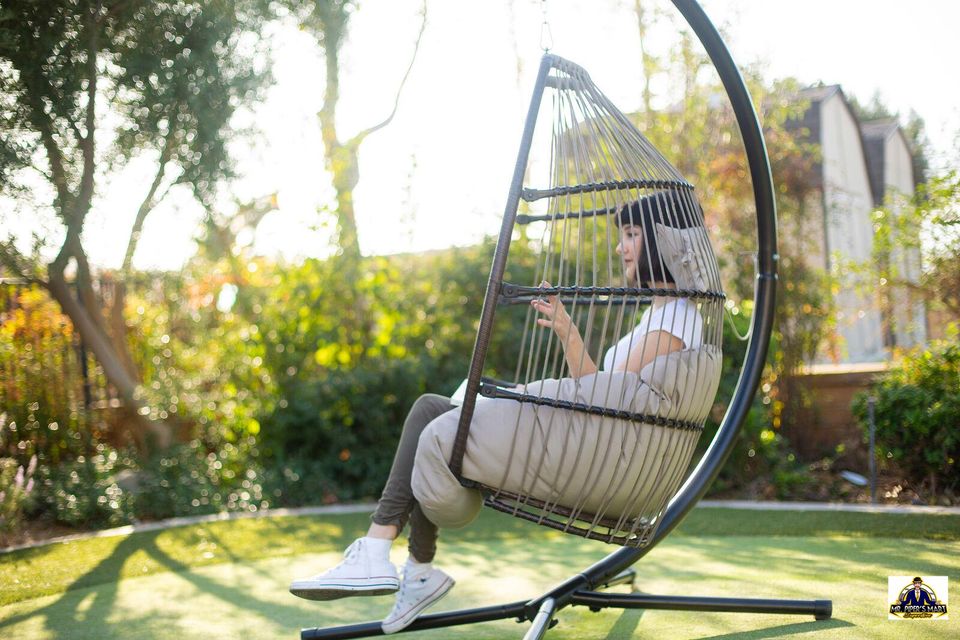 Outdoor Large Lounge Chair Patio Hanging Egg Seat Swing Cushion Headrest Beige