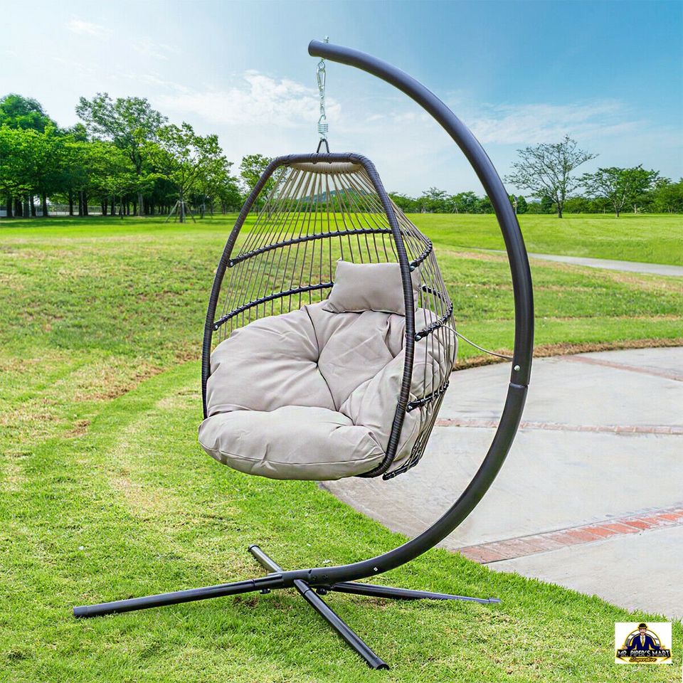 Outdoor Large Lounge Chair Patio Hanging Egg Seat Swing Cushion Headrest Beige