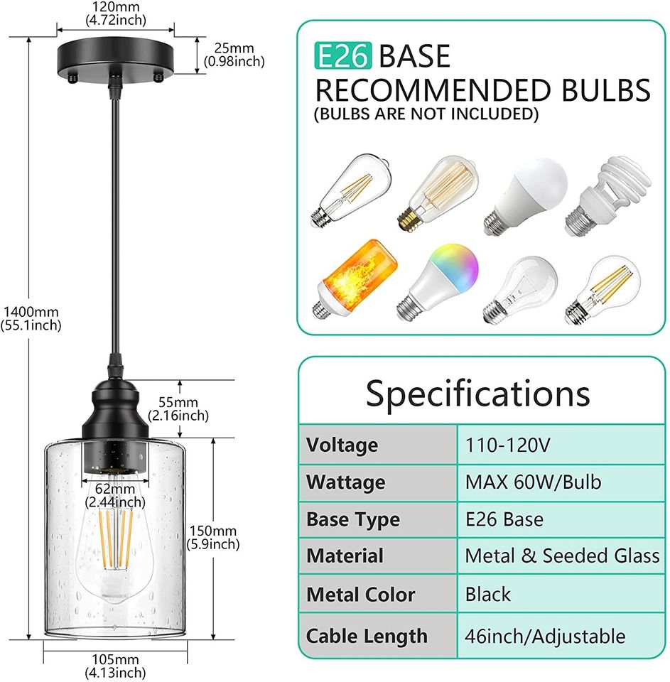 Pendant Light, Vintage Farmhouse Mini Hanging Ceiling Lamp 3-Pack