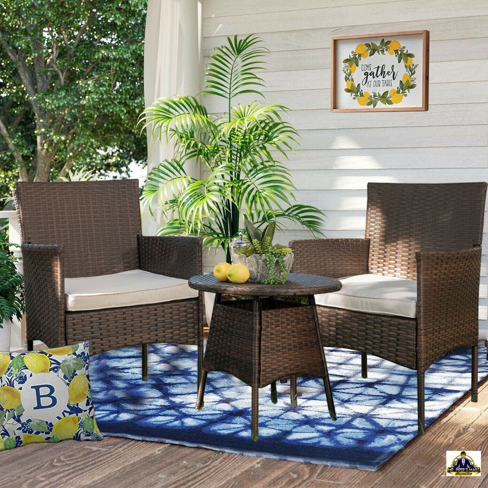 Outdoor Wicker Chair Set Rattan Patio Furniture Seat Cushions with Table 3PCS