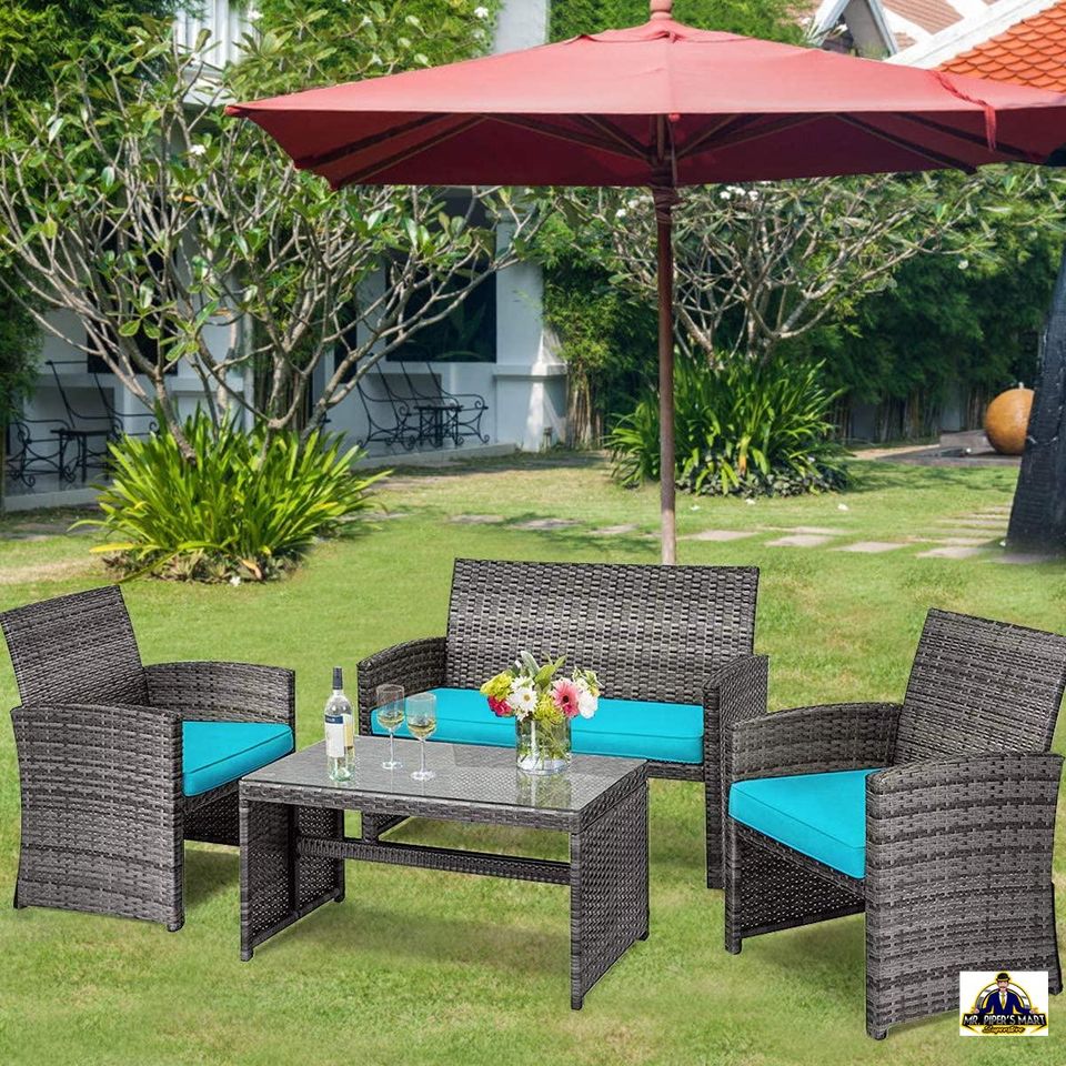 Outdoor Furniture Set 5 piece PE Rattan Wicker Patio Sofa Set (Turquoise)
