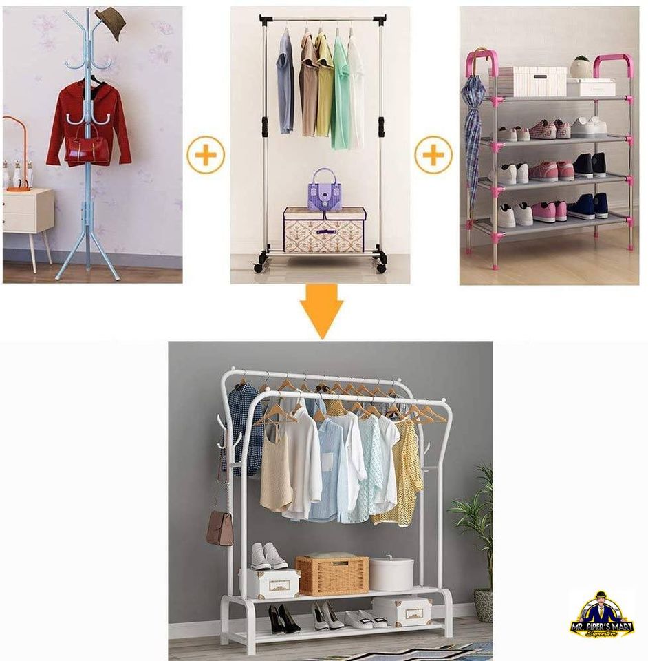 Freestanding Double Garment Rack Double Rods, Multi-Functional Clothing Rack (White)