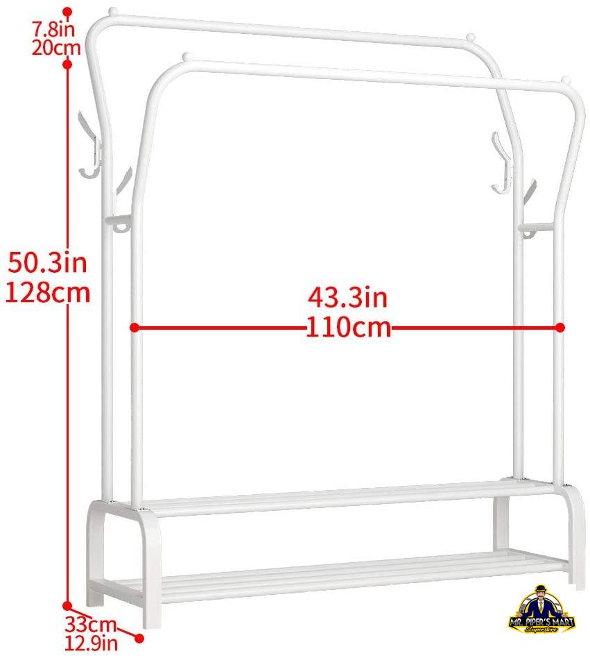 Freestanding Double Garment Rack Double Rods, Multi-Functional Clothing Rack (White)