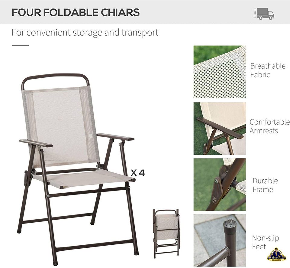 Patio Dining Set Folding Dining Chairs & Round Glass Table for Garden 6 Piece, Beige