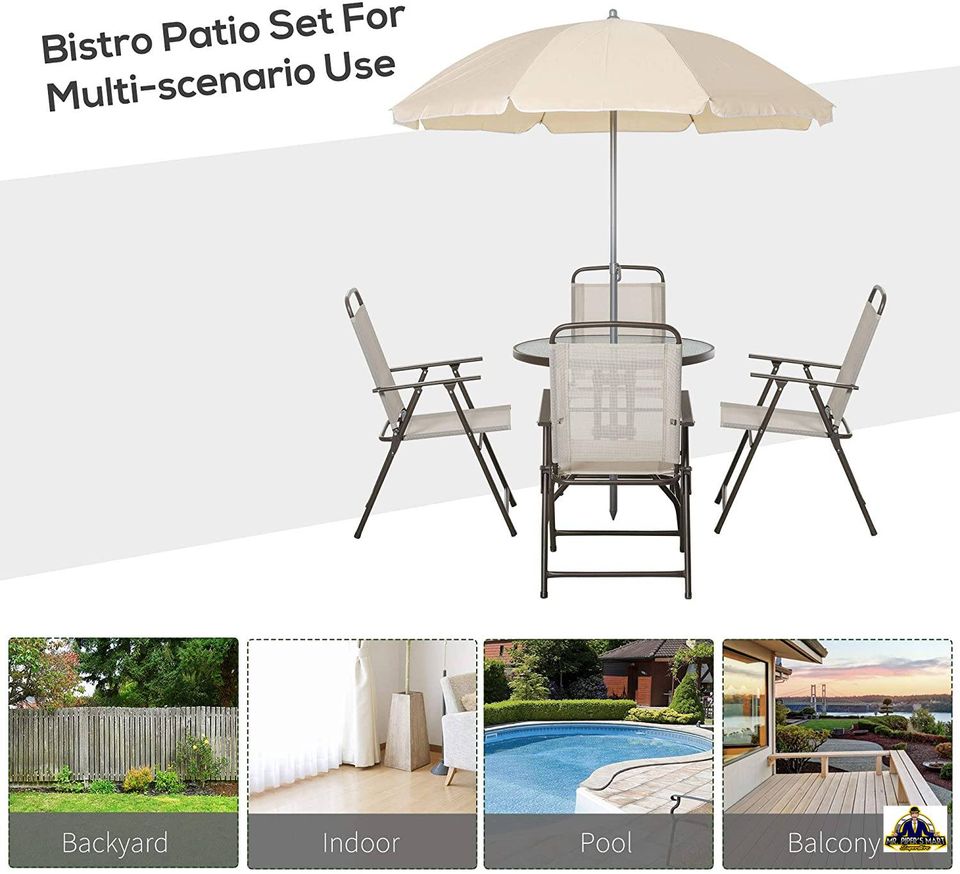 Patio Dining Set Folding Dining Chairs & Round Glass Table for Garden 6 Piece, Beige