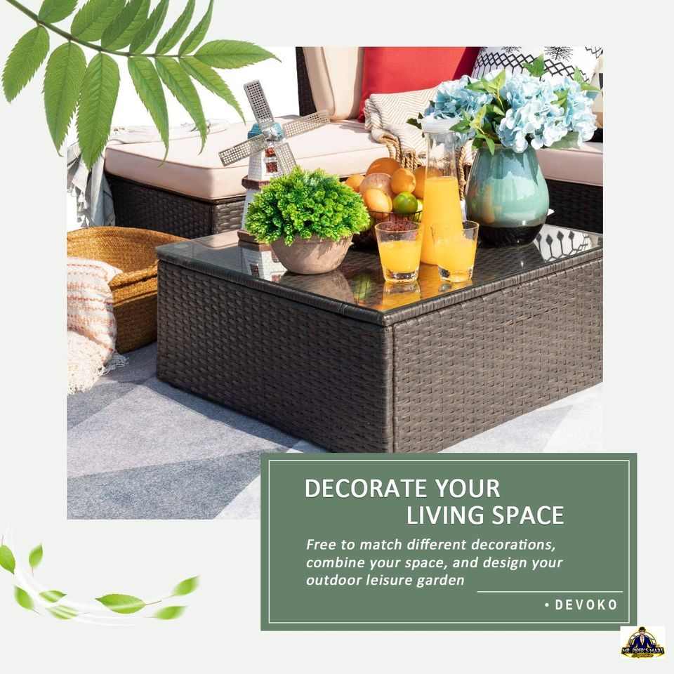 Patio Furniture Conversation Set with Cushion and Glass Table (Beige) 5 Pieces