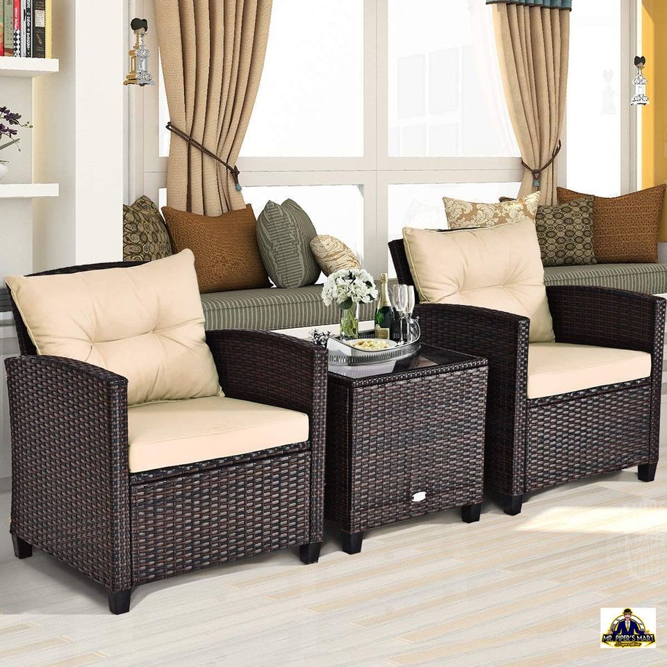Patio Furniture Sofa Set Washable Cushion and Tempered Glass Tabletop (Beige) 3 Pieces