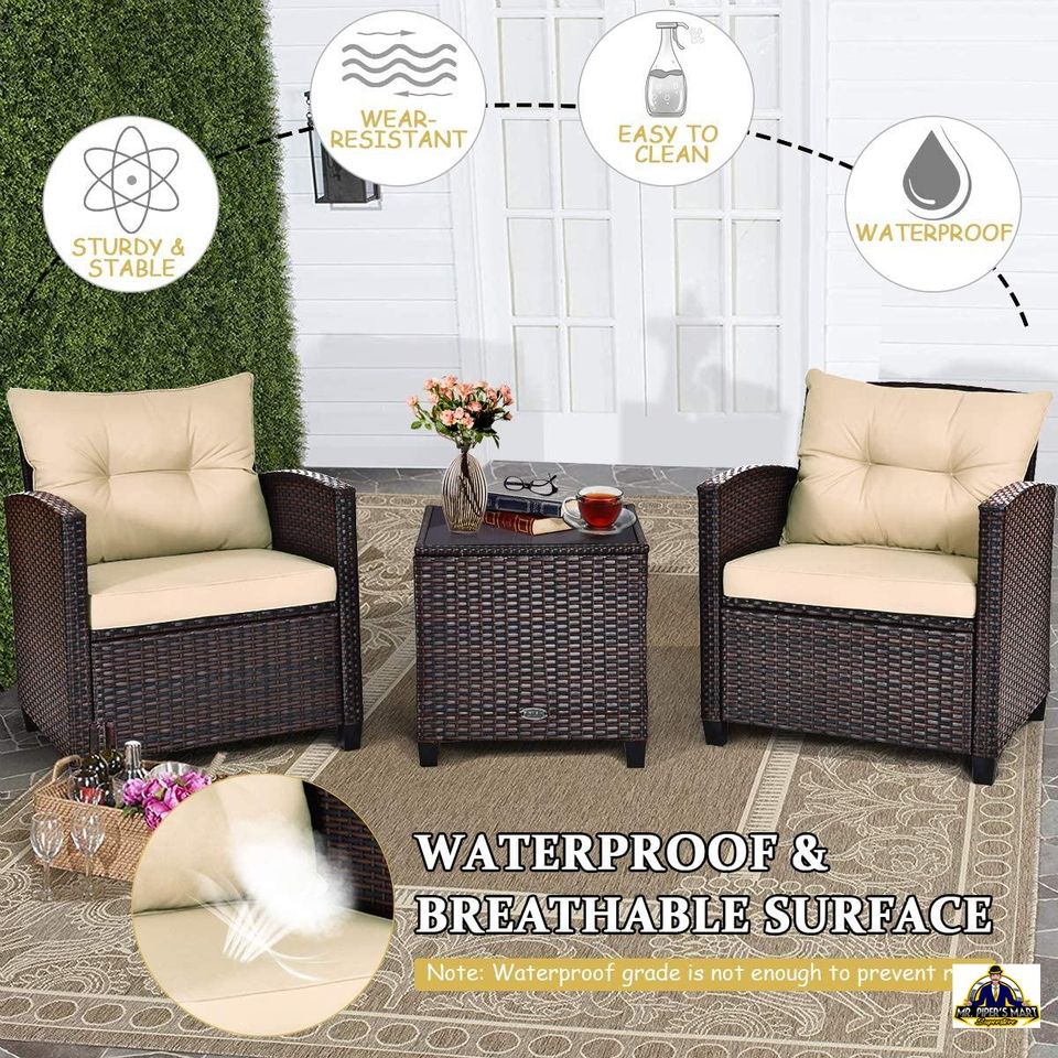 Patio Furniture Sofa Set Washable Cushion and Tempered Glass Tabletop (Beige) 3 Pieces