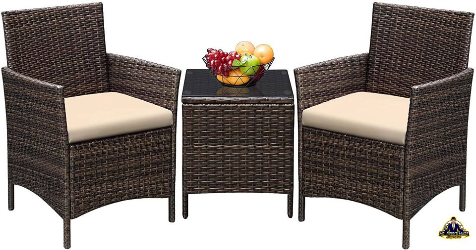 Outdoor Patio Porch Furniture Sets Rattan Wicker Chairs with Table, Brown and Beige 3 Pieces