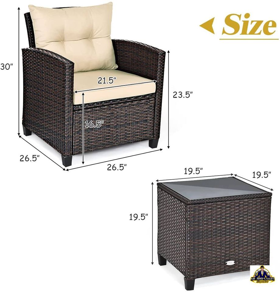 Patio Furniture Sofa Set Washable Cushion and Tempered Glass Tabletop (Beige) 3 Pieces