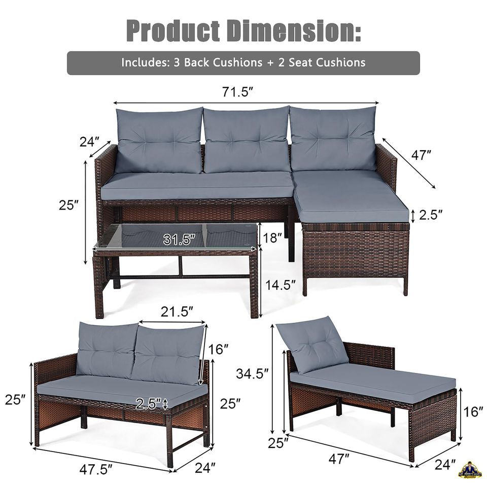Patio Wicker Rattan Sofa Set Outdoor Sectional Conversation Set 3PCS