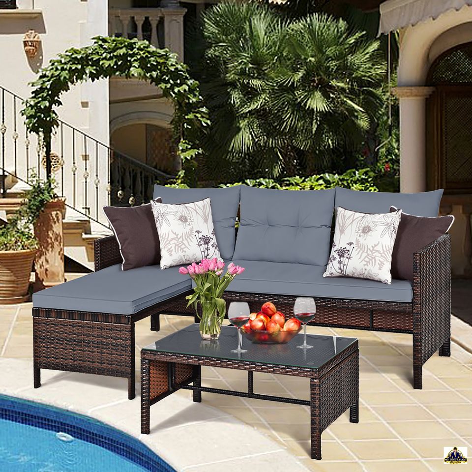 Patio Wicker Rattan Sofa Set Outdoor Sectional Conversation Set 3PCS