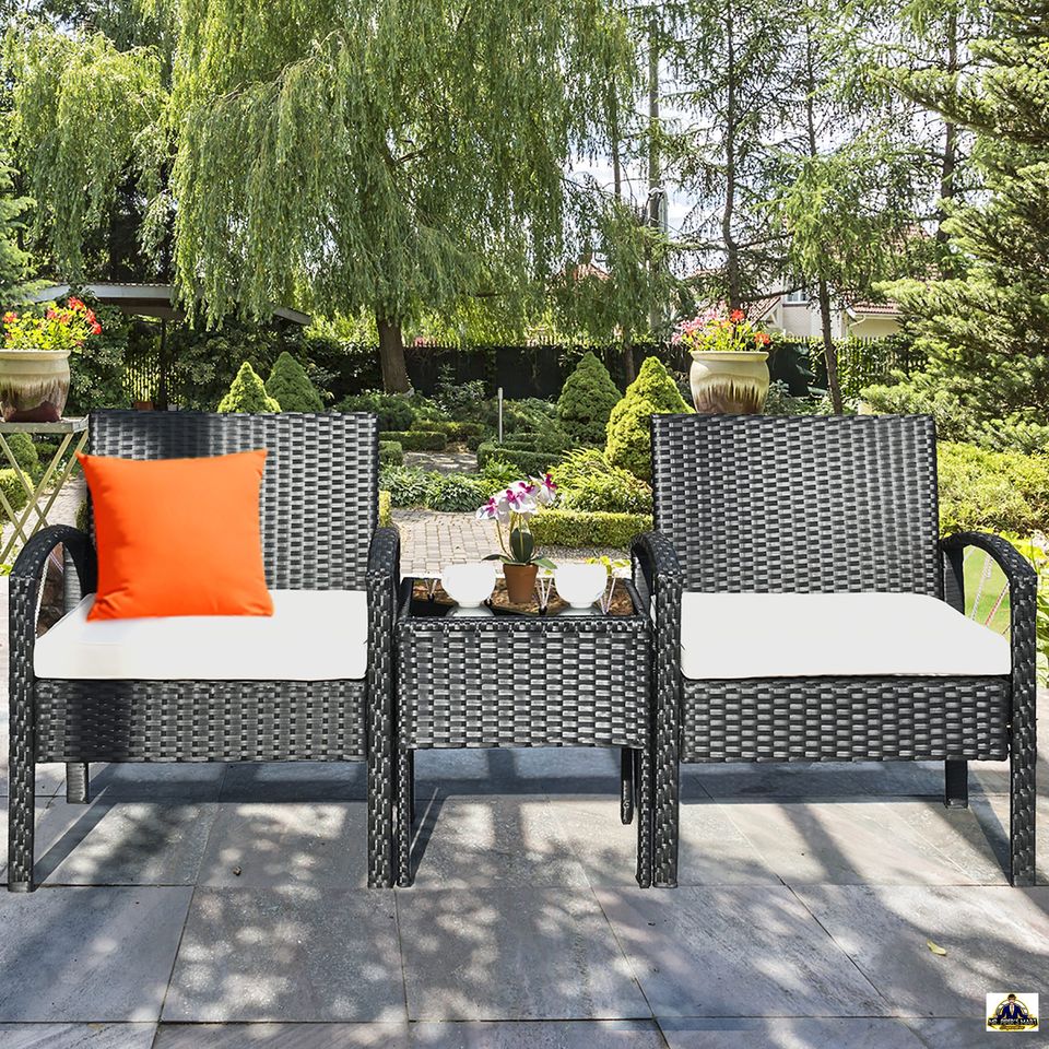 Patio Rattan Furniture Set Table & Chairs Set with Cushions 3PCS