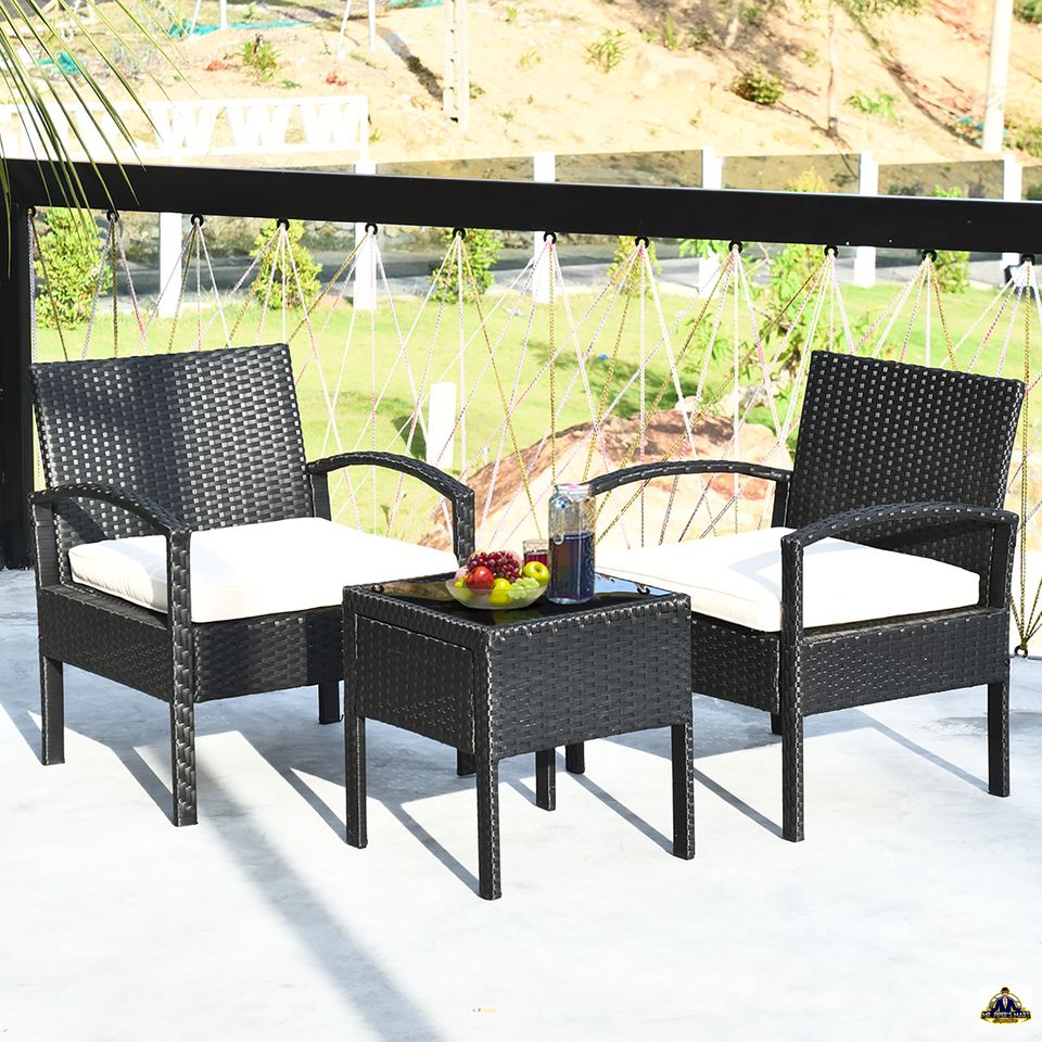 Patio Rattan Furniture Set Table & Chairs Set with Cushions 3PCS