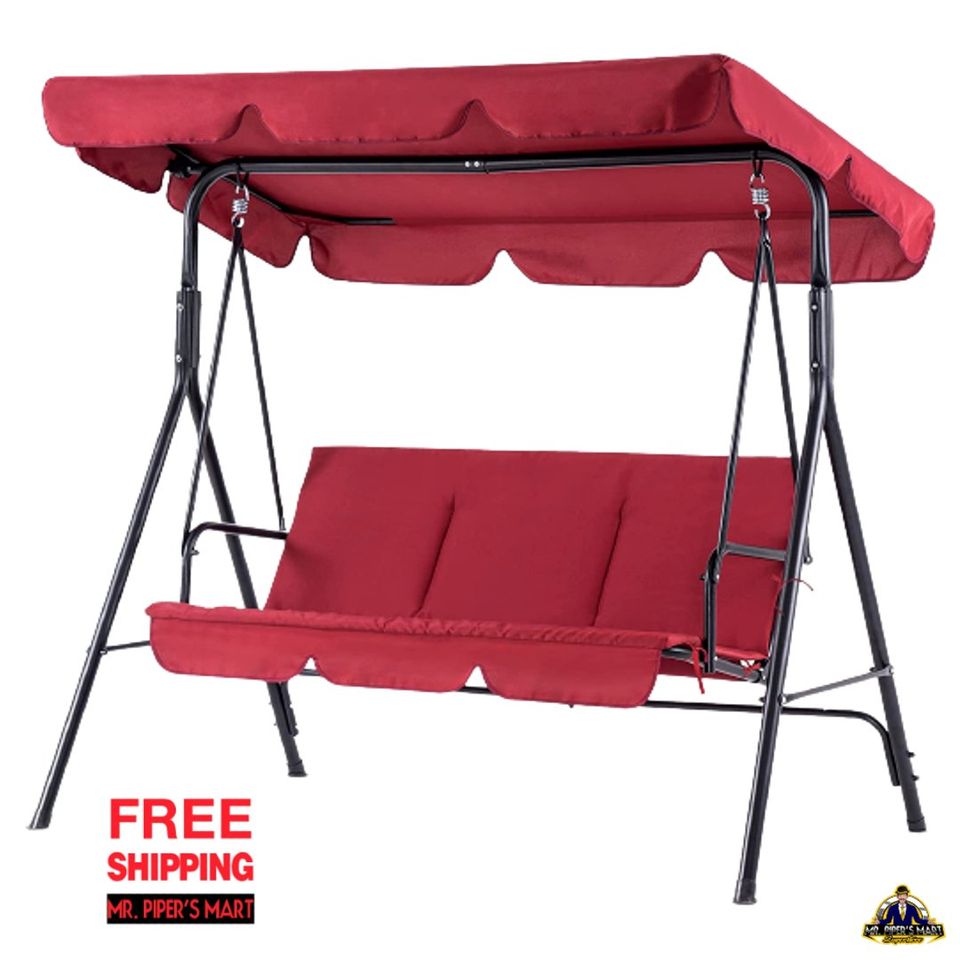 Outdoor Swing Convertible Canopy Hanging Glider Lounge Chair, Removable Cushions, (Red) 3-Person