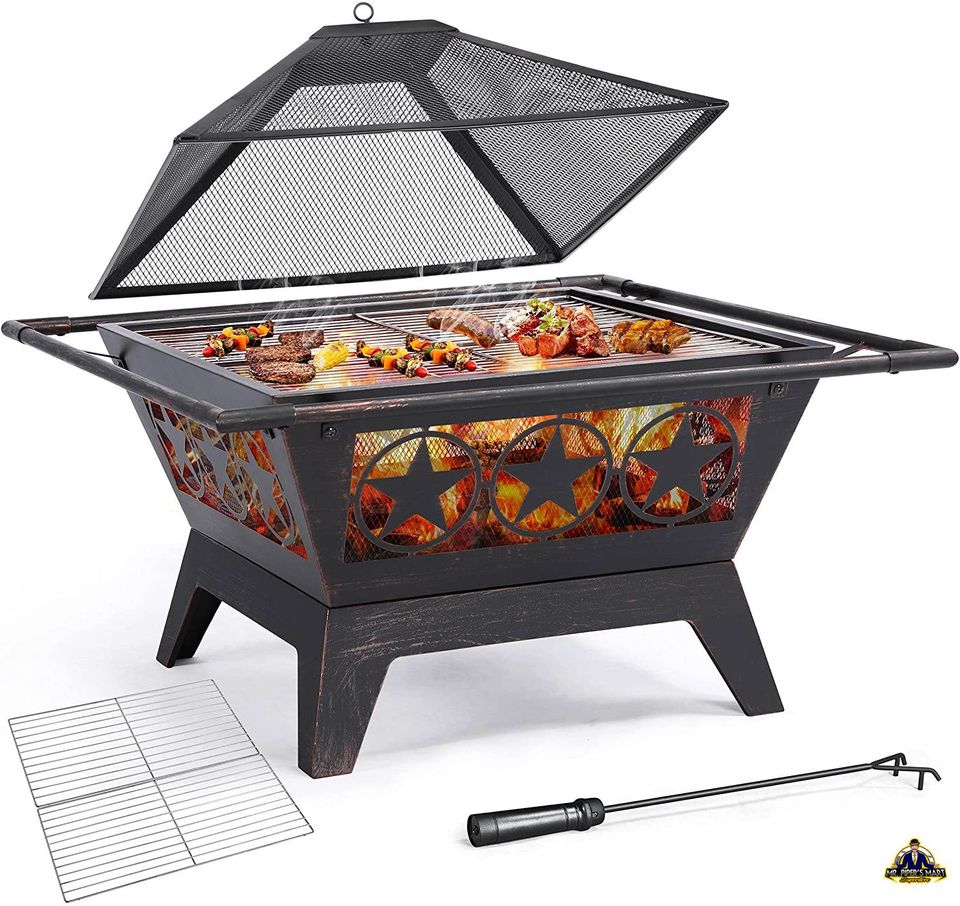 Iron Fire Pit Outdoor 32" Patio with Mesh Cover Grills Poker Square Fire Pit Bronze