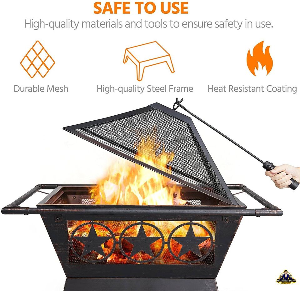Iron Fire Pit Outdoor 32" Patio with Mesh Cover Grills Poker Square Fire Pit Bronze