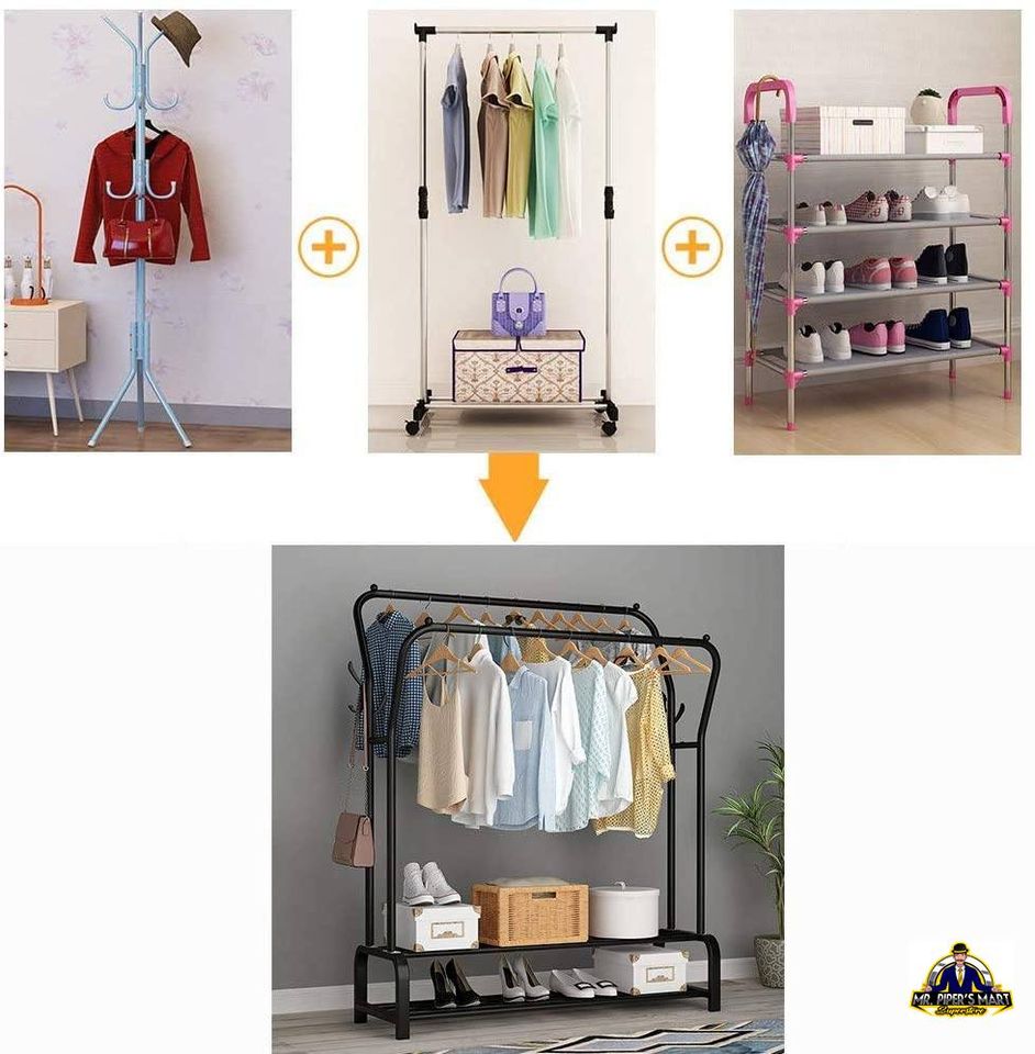 Garment Rack Freestanding Hanger Double Rods 4 Hooks, Black