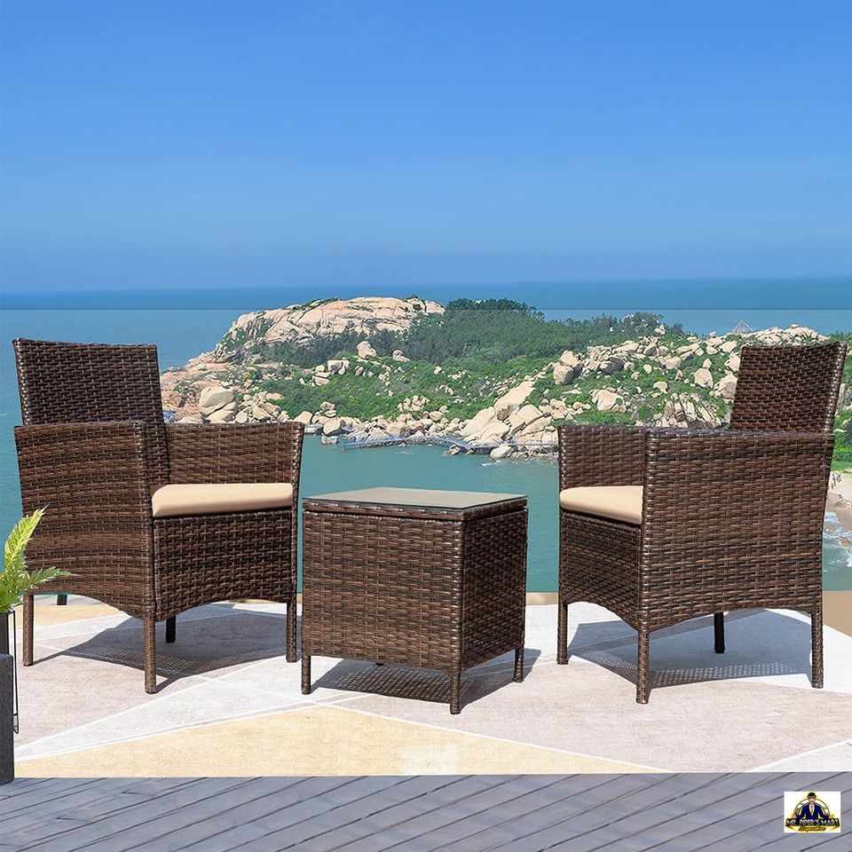 Outdoor Patio Porch Furniture Sets Rattan Wicker Chairs with Table, Brown and Beige 3 Pieces